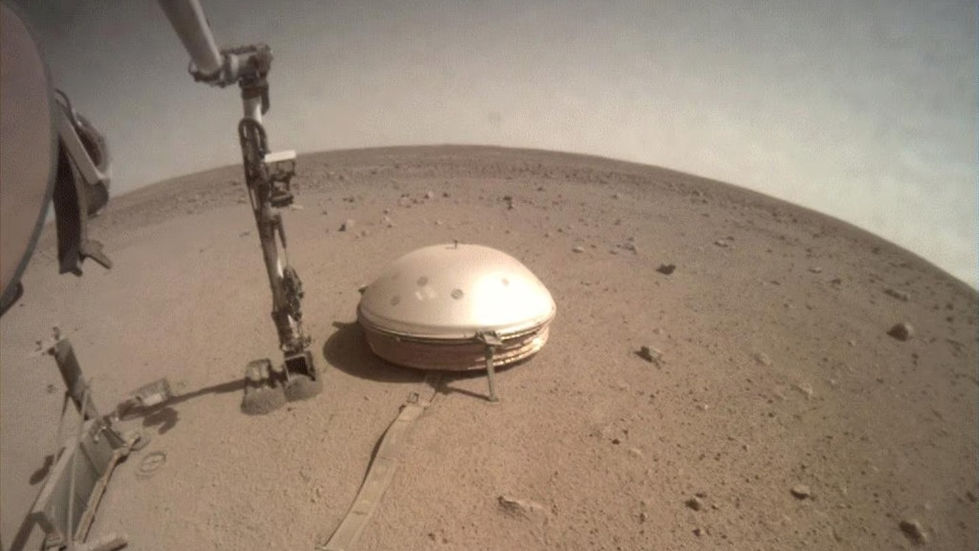 Под куполом находится сейсмометр миссии InSight, который за годы работы зафиксировал ряд крупных марсотрясений.