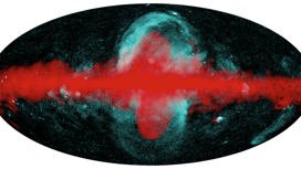 Плоскость Галактики и пузыри по данным телескопов Fermi (показаны красным) и eROSITA (показаны оттенками синего).