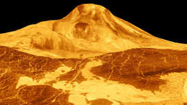 Трёхмерная модель горы Маат — высочайшего вулкана Венеры, сделанная с помощью космического аппарата "Магеллан" в 1991 году.