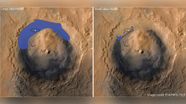 Слева — распределение воды по дну кратера, согласно старой гипотезе, справа — согласно новой.