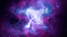 На иллюстрации изображён пульсар в Крабовидной туманности — нейтронная звезда, совершающая 30 оборотов в секунду. Он был открыт в 1968 году.