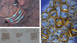 Спиралевидный медный браслет, несколько сотен бусин и более сотни золотых колец, найденные в захоронении медного века.
