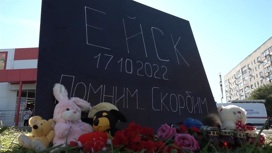 К мемориалу в память о погибших в Ейске несут игрушки, свечи, цветы