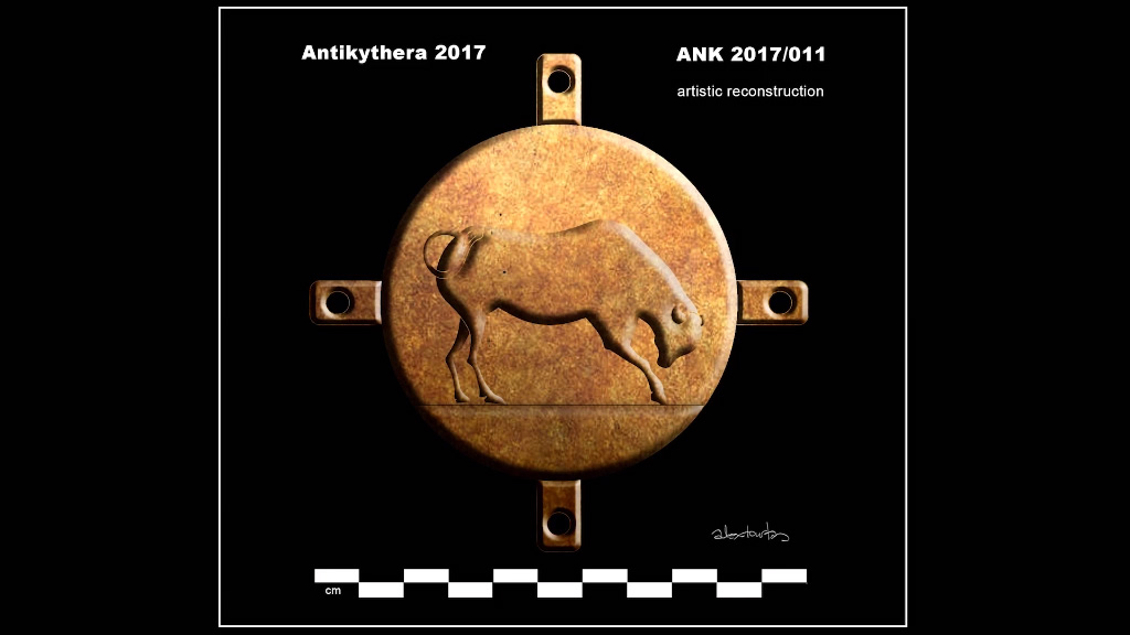 Вариант реконструкции бронзового диска с быком. Кадр из видео 2017 Return to Antikythera Expedition