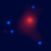 Галактика-линза SDSS J1004+4112 (яркое пятно) и четыре изображения фонового квазара, возникшие из-за линзирования (синие точки), в рентгеновских лучах.