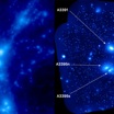 Результаты моделирования образования Abell 3391/95 (слева) и наблюдения Abell 3391/95 на eROSITA (справа). AGN - активные ядра галактик.