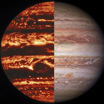Составное изображение показывает бурную атмосферу Юпитера в инфракрасном (слева) и в видимом свете (справа).
