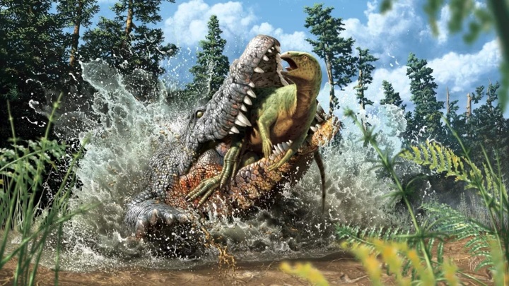 Художественная реконструкция последних секунд жизни орнитопода в пасти древнего крокодила.